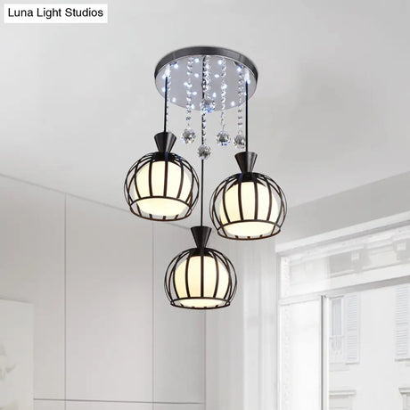 Retro Stylish Domed Cage Hanging Lamp - 3 Metal Pendant Lights With Clear Crystal Ball Deco In