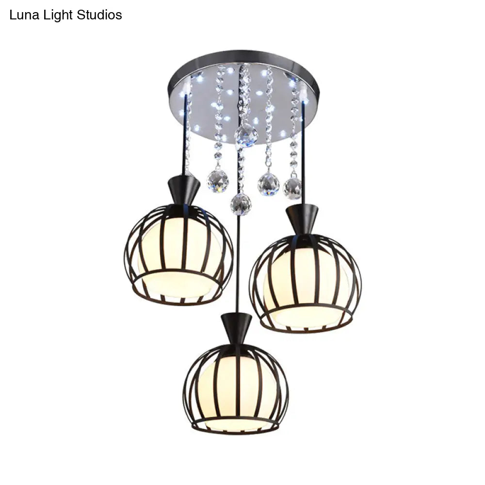 Retro Domed Cage Pendant Light With Clear Crystal Ball Deco - Stylish Metal Hanging Lamp (3 Lights)