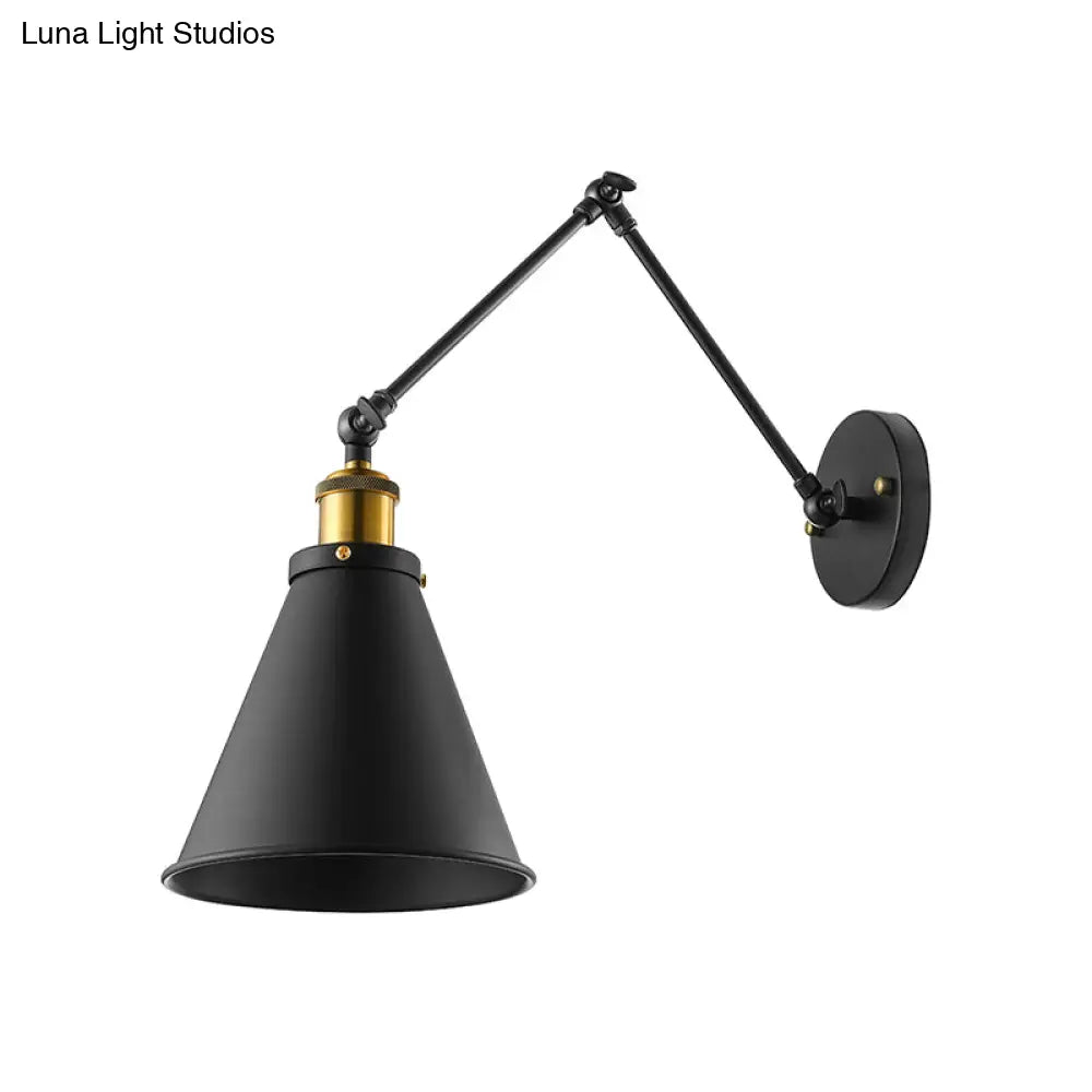 Retro Swing Arm Wall Light With Conic Shade - Indoor Black Metal Mount 1
