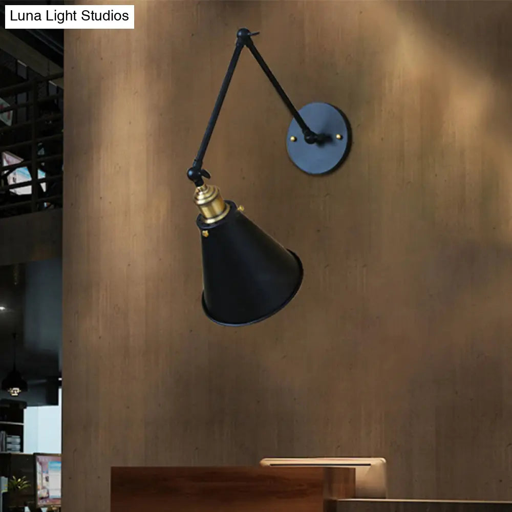 Retro Swing Arm Wall Light With Conic Shade - Indoor Black Metal Mount 1