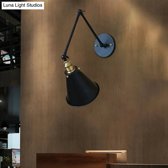 Retro Swing Arm Wall Light With Conic Shade - Indoor Black Metal Mount 1