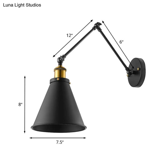 Retro Swing Arm Wall Light With Conic Shade - Indoor Black Metal Mount 1