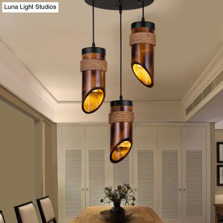 Retro Three-Light Bamboo Pendant Lamp In Brown Ideal For Dining Room