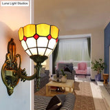 Retro Tiffany Stained Glass Wall Sconce With 1 Light -Yellow/Blue For Corridor