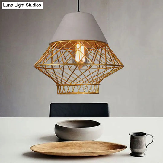 Urban Retro Wire Cage Pendant Lighting With Cement Top - Restaurant Hanging Lamp 1-Light
