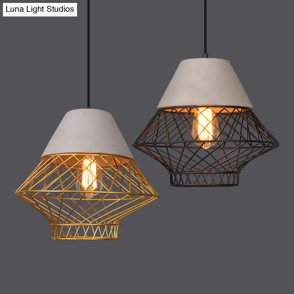 Urban Retro Wire Cage Pendant Lighting With Cement Top - Restaurant Hanging Lamp 1-Light