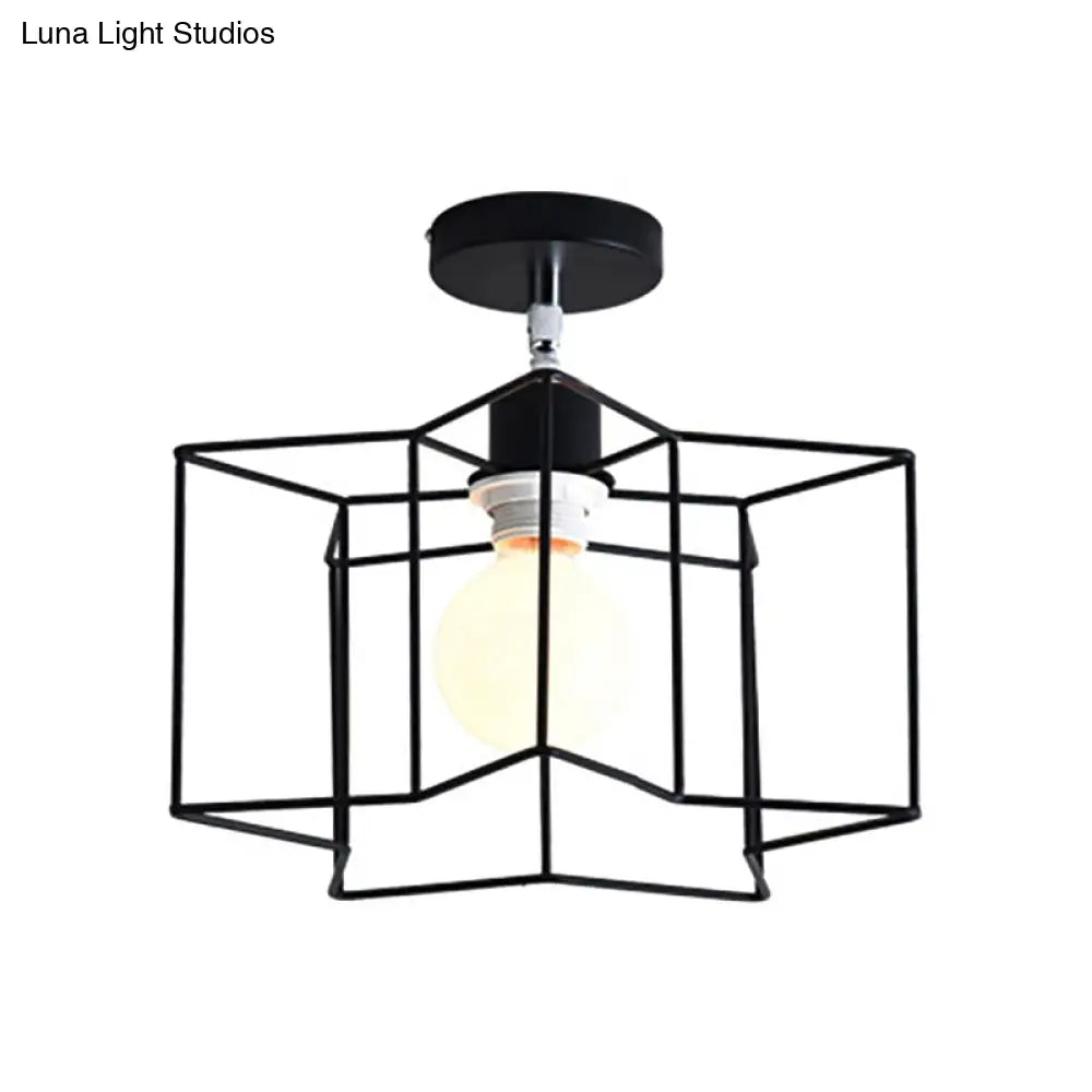 Retro Vintage Metal Cylinder/Drum Cage Semi-Flush Ceiling Light - Black Semi Flush Fixture With