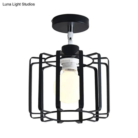Retro Vintage Metal Cylinder/Drum Cage Semi-Flush Ceiling Light - Black Semi Flush Fixture With