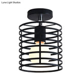 Retro Vintage Metal Cylinder/Drum Cage Semi-Flush Ceiling Light - Black Semi Flush Fixture With