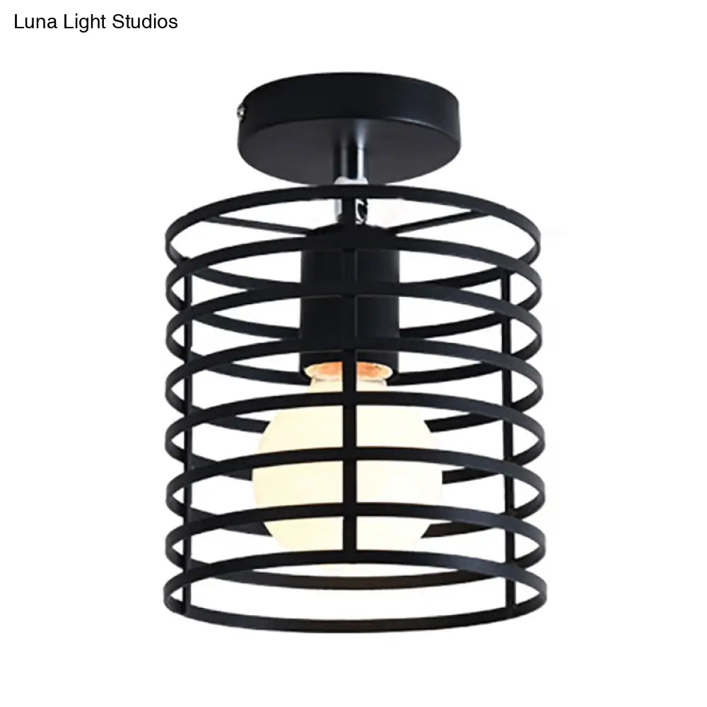 Retro Vintage Metal Cylinder/Drum Cage Semi-Flush Ceiling Light - Black Semi Flush Fixture With
