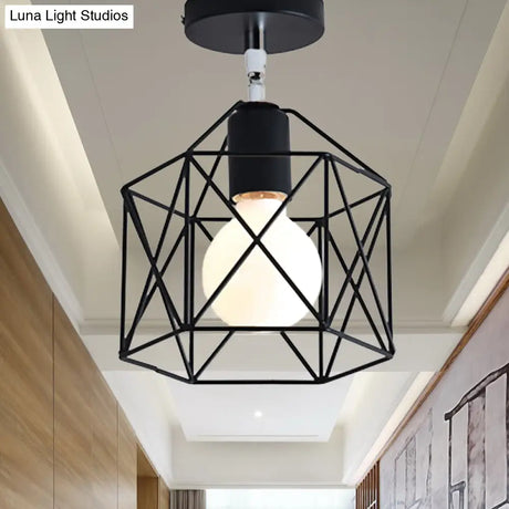 Retro Vintage Metal Cylinder/Drum Cage Semi-Flush Ceiling Light - Black Semi Flush Fixture With