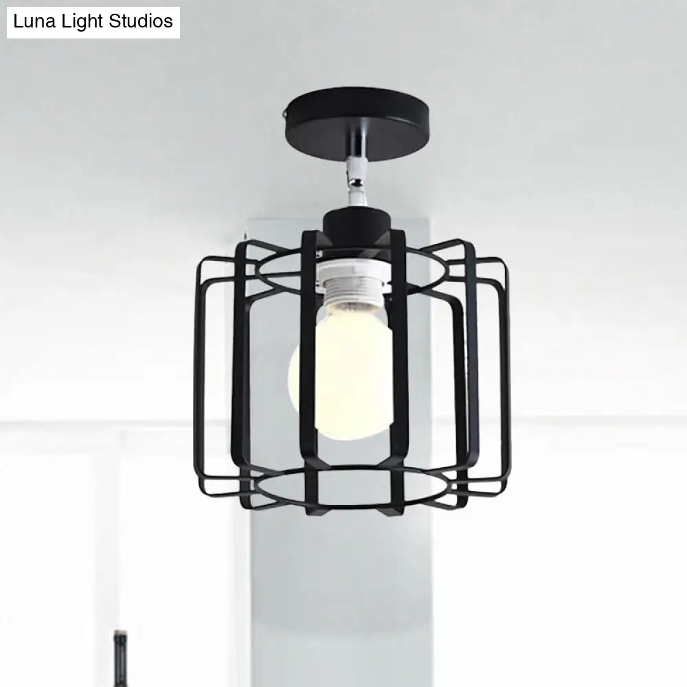 Retro Vintage Metal Cylinder/Drum Cage Semi-Flush Ceiling Light - Black Semi Flush Fixture With