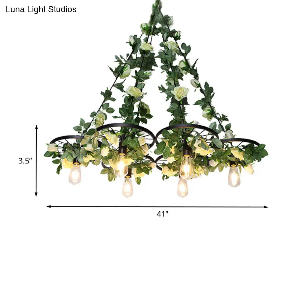 Retro Wheel Iron Chandelier Pendant Light With Plant Decor - 3/6 Heads In Black