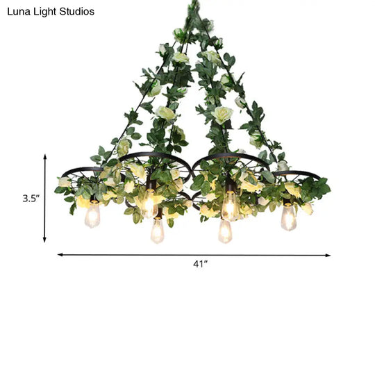 Retro Wheel Iron Chandelier Pendant Light With Plant Decor - 3/6 Heads In Black
