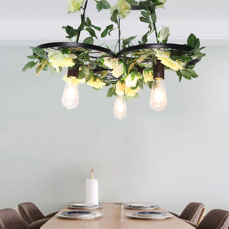 Retro Wheel Iron Chandelier Pendant Light With Plant Decor - Black 3/6 Heads 3 /