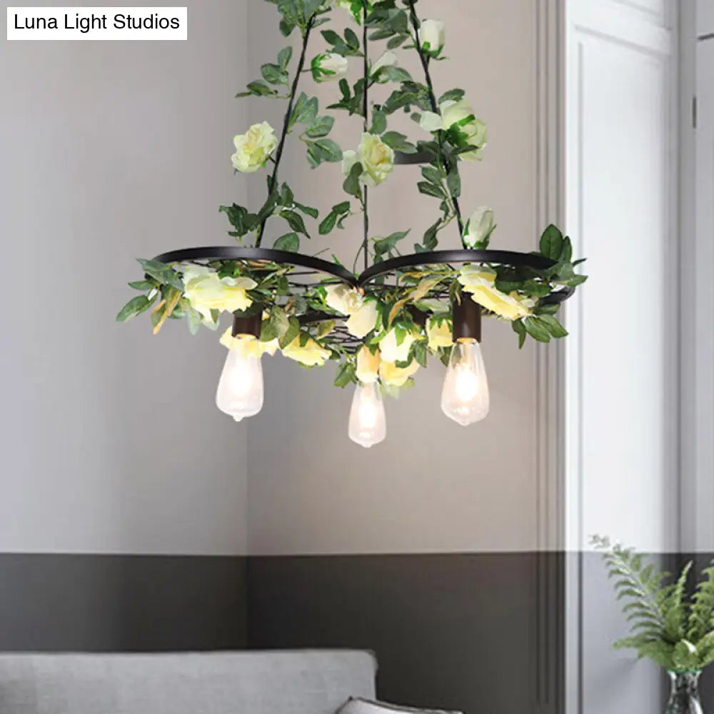 Retro Wheel Iron Chandelier Pendant Light With Plant Decor - 3/6 Heads In Black
