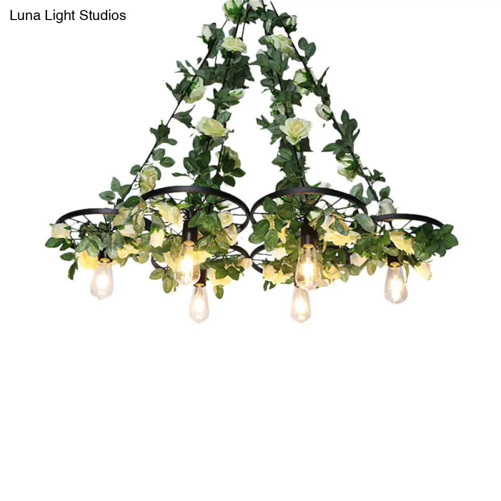 Retro Wheel Iron Chandelier Pendant Light With Plant Decor - 3/6 Heads In Black