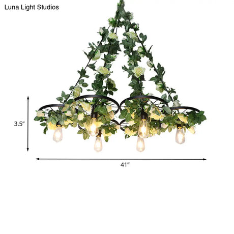 Retro Wheel Iron Chandelier Pendant Light With Plant Decor - Black 3/6 Heads