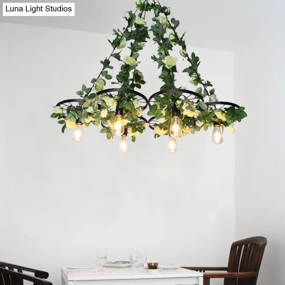 Retro Wheel Iron Chandelier Pendant Light With Plant Decor - Black 3/6 Heads