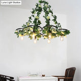Retro Wheel Iron Chandelier Pendant Light With Plant Decor - Black 3/6 Heads