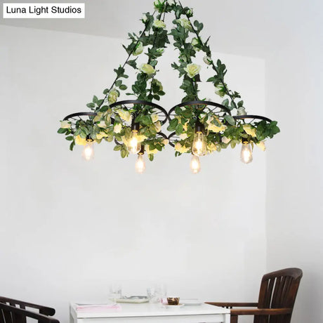 Retro Wheel Iron Chandelier Pendant Light With Plant Decor - Black 3/6 Heads
