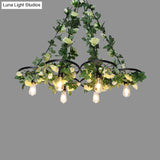 Retro Wheel Iron Chandelier Pendant Light With Plant Decor - Black 3/6 Heads