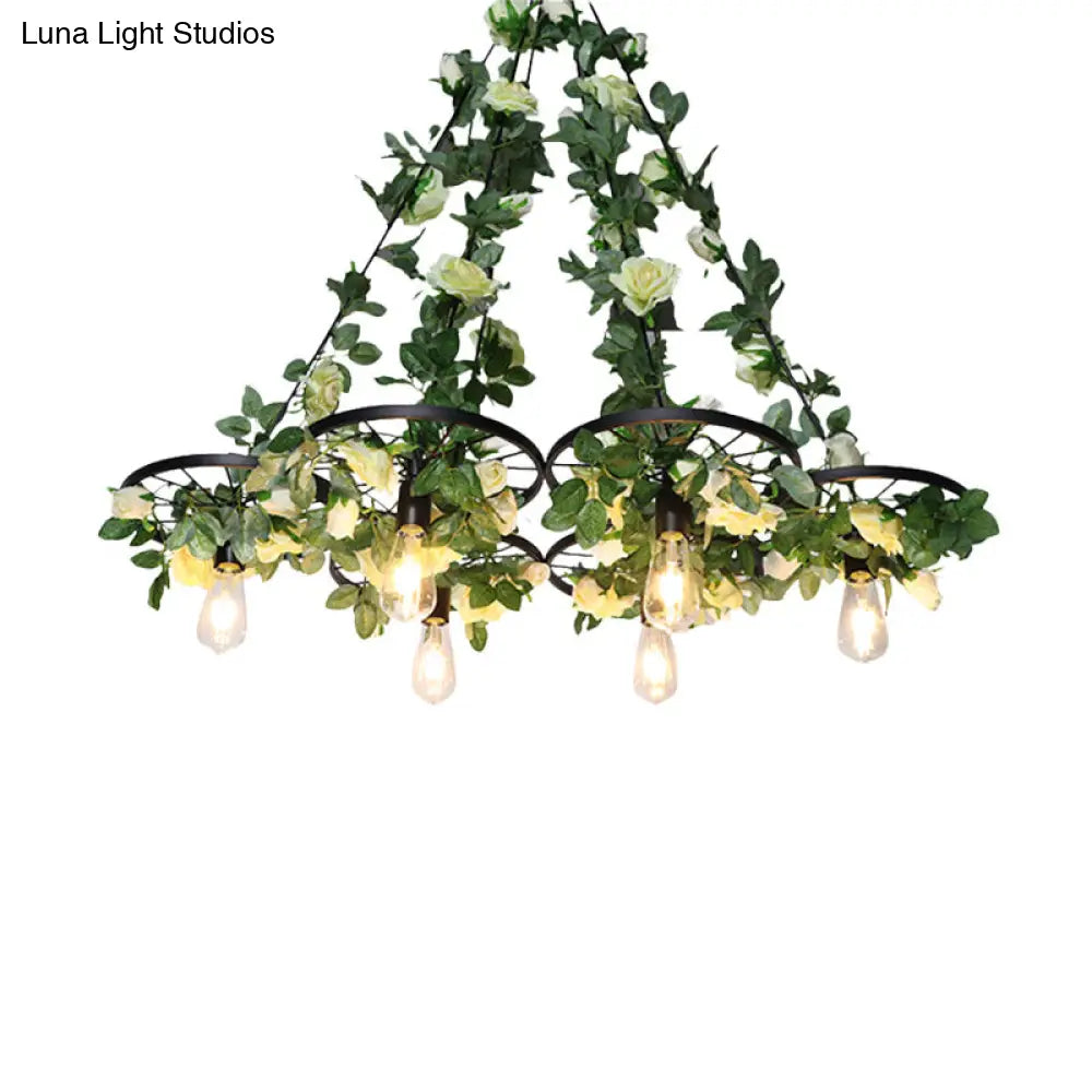 Retro Wheel Iron Chandelier Pendant Light With Plant Decor - Black 3/6 Heads