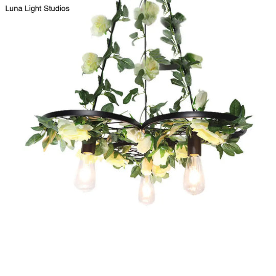 Retro Wheel Iron Chandelier Pendant Light With Plant Decor - 3/6 Heads In Black