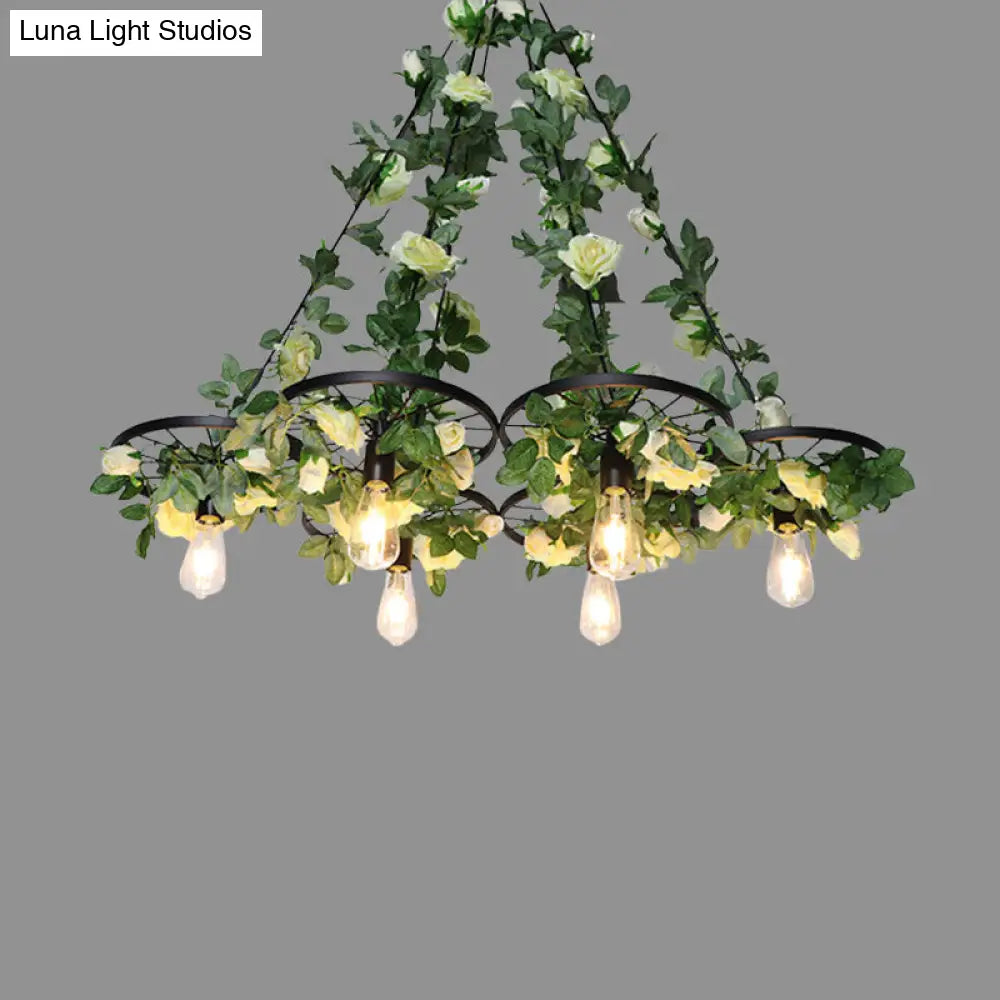 Retro Wheel Iron Chandelier Pendant Light With Plant Decor - 3/6 Heads In Black