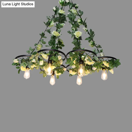 Retro Wheel Iron Chandelier Pendant Light With Plant Decor - 3/6 Heads In Black