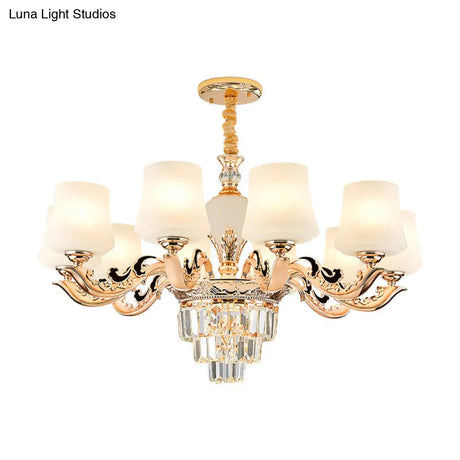 Retro White Glass Chandelier Pendant Light For Living Room With Tapered Shade