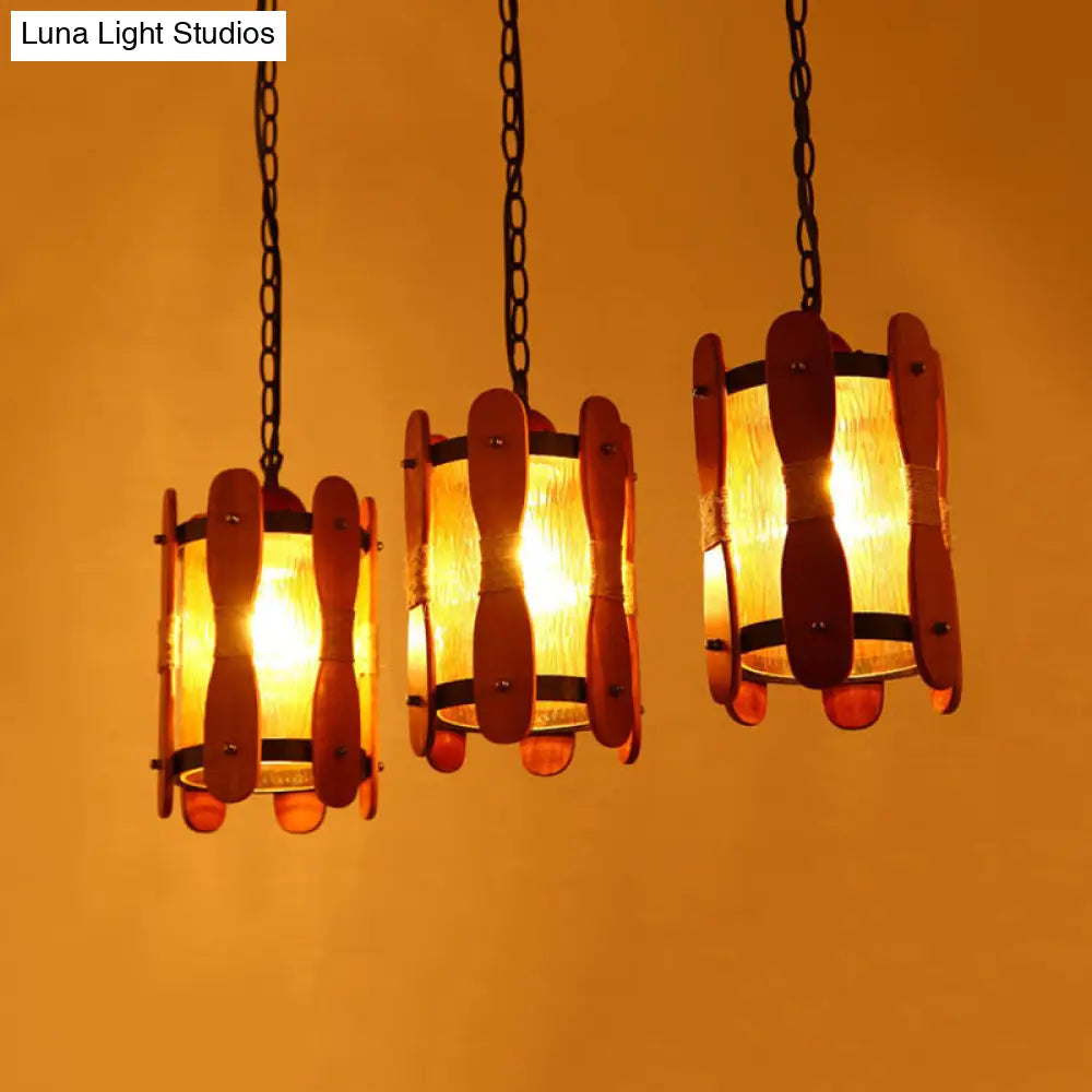 Yellow Water Glass Cluster Pendant - Retro 3 Head Dining Room Hanging Light Kit In Brown With Wood