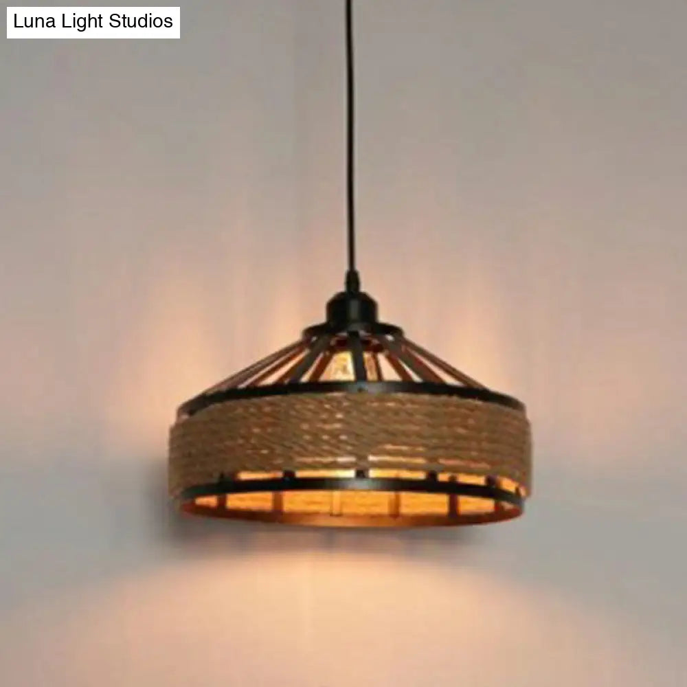 Retro Yurt Suspension Lighting - 1 Head Hemp Rope Pendant/Ceiling Light In Brown