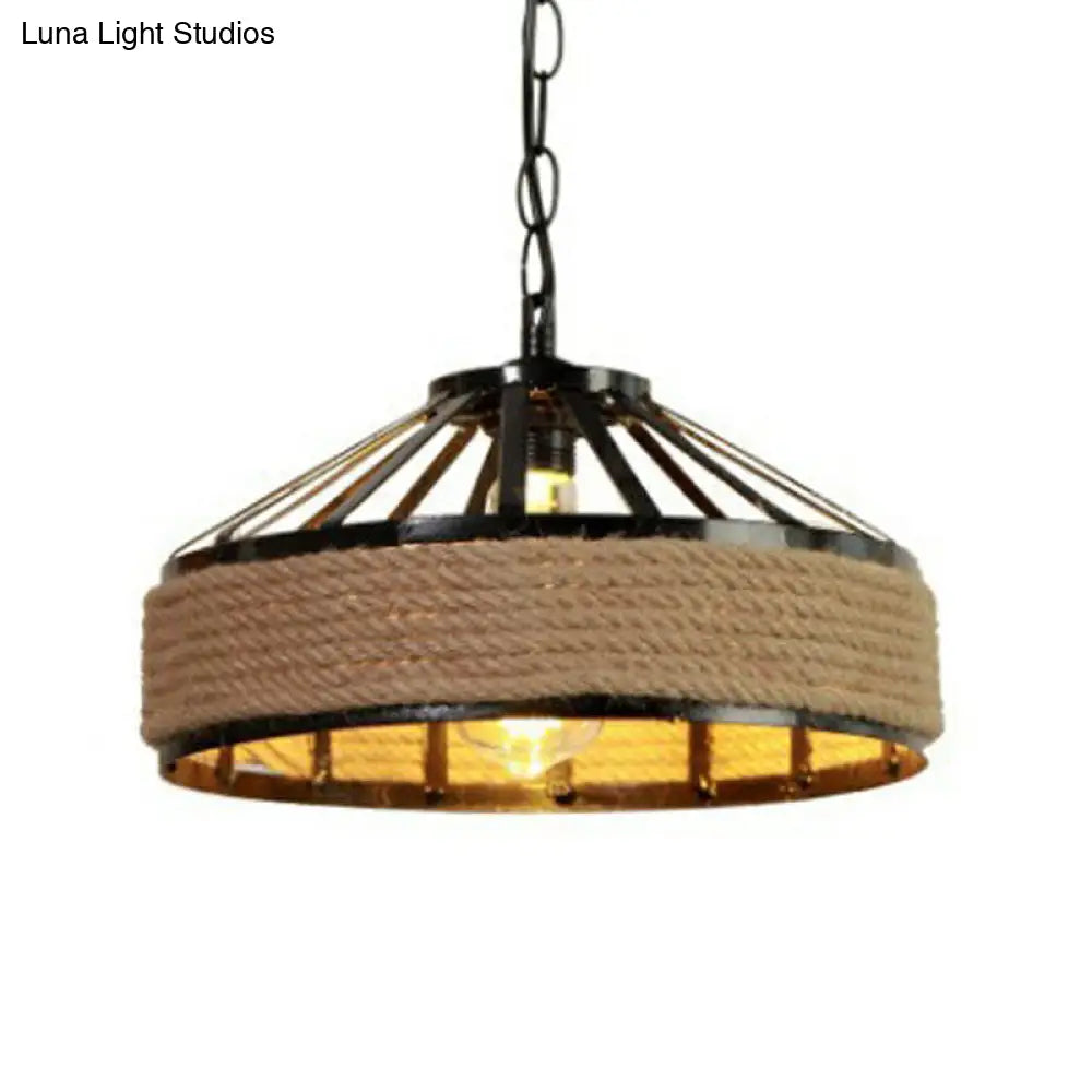 Retro Yurt Suspension Lighting: 1-Head Pendant Ceiling Light In Brown - Vintage Style With Hemp Rope