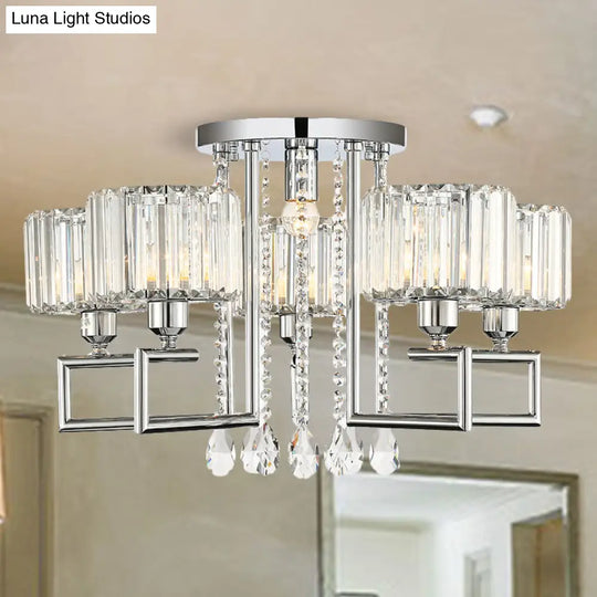 Ribbed Crystal Drum Flush Ceiling Light - Stylish Silver Semi Lamp With Scroll Frame (4/6 - Light)