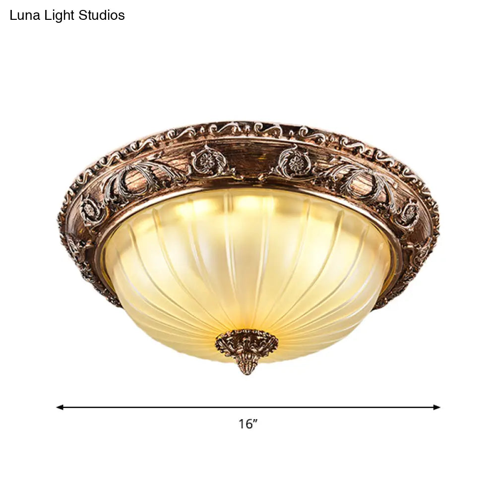 Ribbed Frosted Glass Led Flush Mount Ceiling Light In Traditional Brown - 14’/16’/19.5