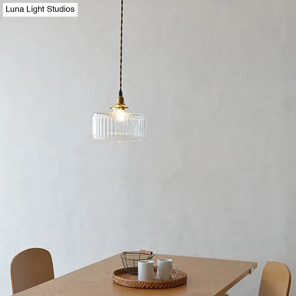 Ribbed Glass Brass Pendant Light With Clear Finish 1 Head Round Suspension Lamp For Warehouse