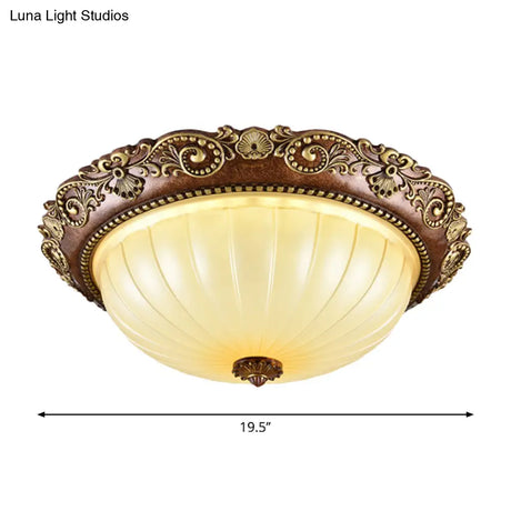 Ribbed Glass Ceiling Flush Foyer Led Mount Light In Brown - Traditional Bowl Design