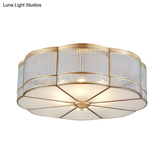 Ribbed Glass Gold Ceiling Flush Mount Lamp - Clover Design With 3/4 Heads Available In 14 Or 18