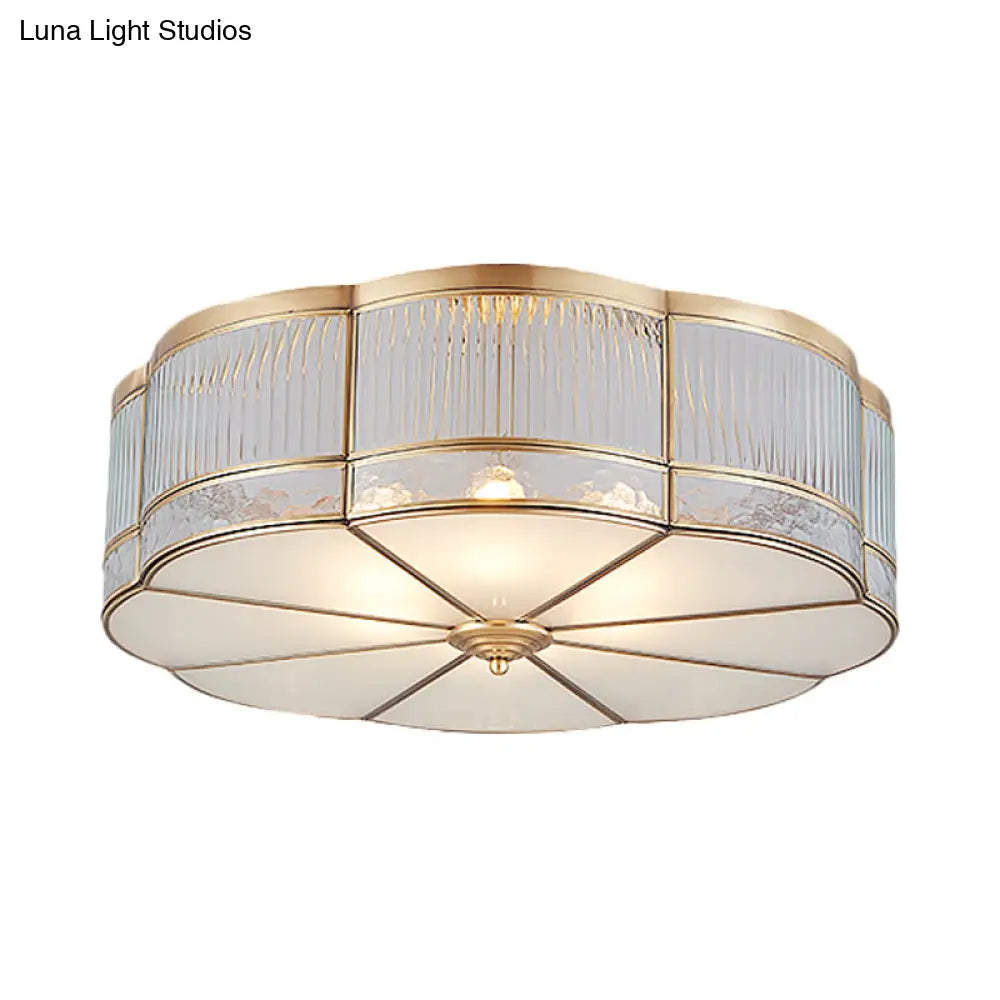 Ribbed Glass Gold Ceiling Flush Mount Lamp - Clover Design With 3/4 Heads Available In 14’ Or