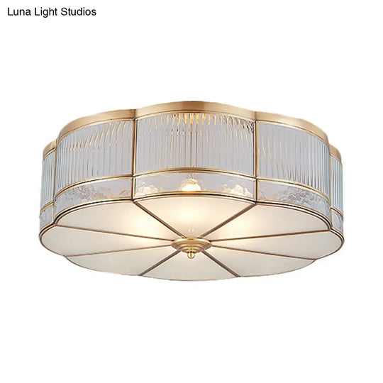 Ribbed Glass Gold Ceiling Flush Mount Lamp - Clover Design With 3/4 Heads Available In 14’ Or
