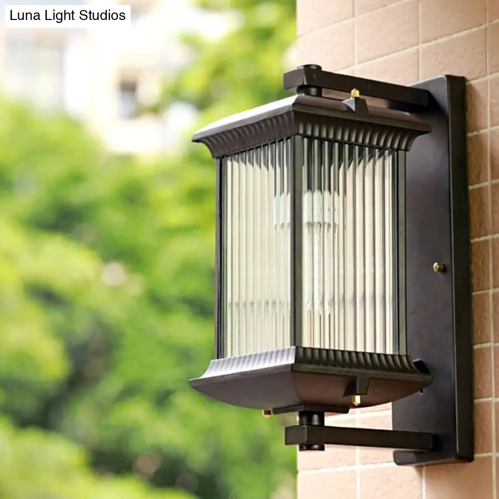 Ribbed Glass Rectangular Shade Wall Light In Coffee - Classic Single Outdoor Lighting Fixture