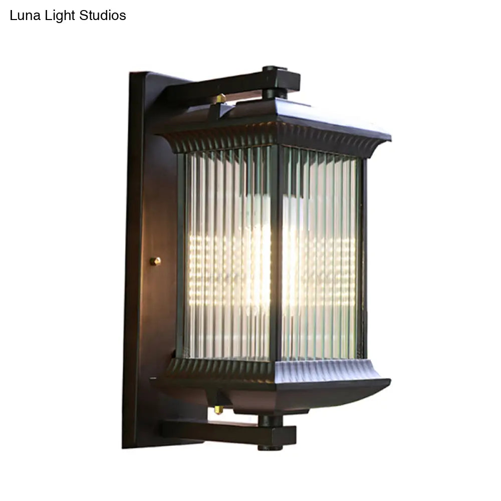 Ribbed Glass Rectangular Shade Wall Light In Coffee - Classic Single Outdoor Lighting Fixture
