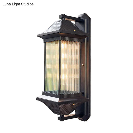 Ribbed Glass Rectangular Shade Wall Light In Coffee - Classic Single Outdoor Lighting Fixture