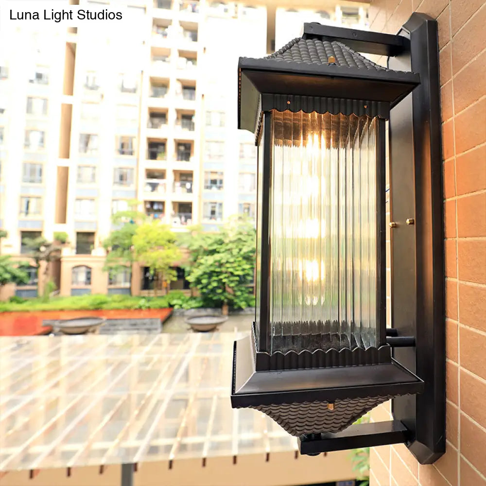 Ribbed Glass Rectangular Shade Wall Light In Coffee - Classic Single Outdoor Lighting Fixture