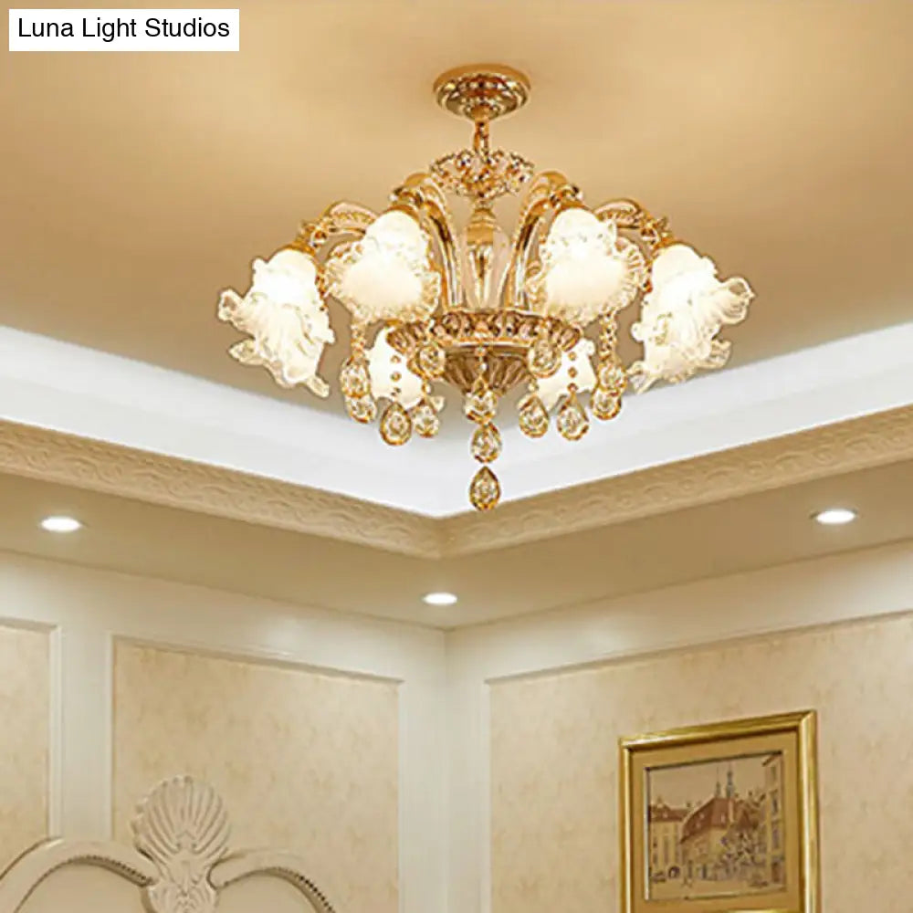 Ribbed Glass Ruffled Flower Chandelier With Crystal Draping - Retro Gold Suspension Light For Living