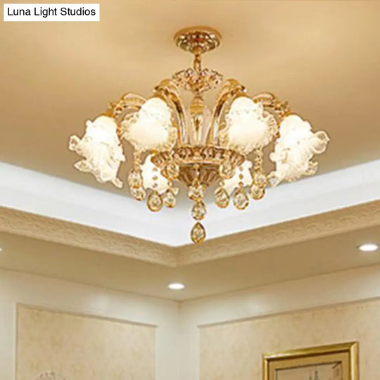 Ribbed Glass Ruffled Flower Chandelier With Crystal Draping - Retro Gold Suspension Light For Living