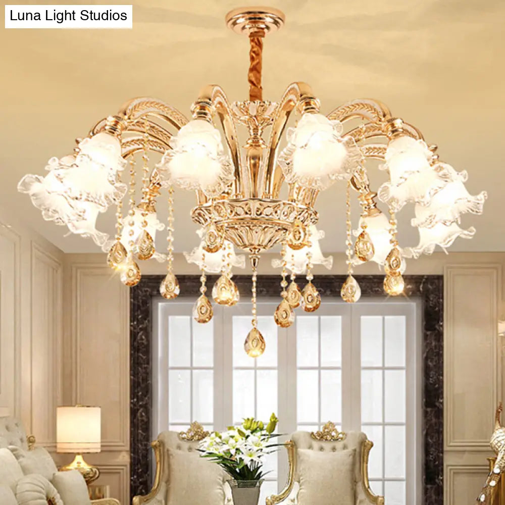 Ribbed Glass Ruffled Flower Chandelier With Crystal Draping - Retro Gold Suspension Light For Living