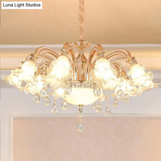 Ribbed Glass Ruffled Flower Chandelier With Crystal Draping - Retro Gold Suspension Light For Living