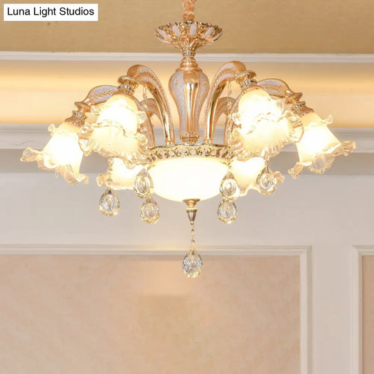 Ribbed Glass Ruffled Flower Chandelier With Crystal Draping - Retro Gold Suspension Light For Living